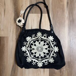 Brighton Black Embroidered Shoulder Bag | Large Floral Medallion | Leather Trim